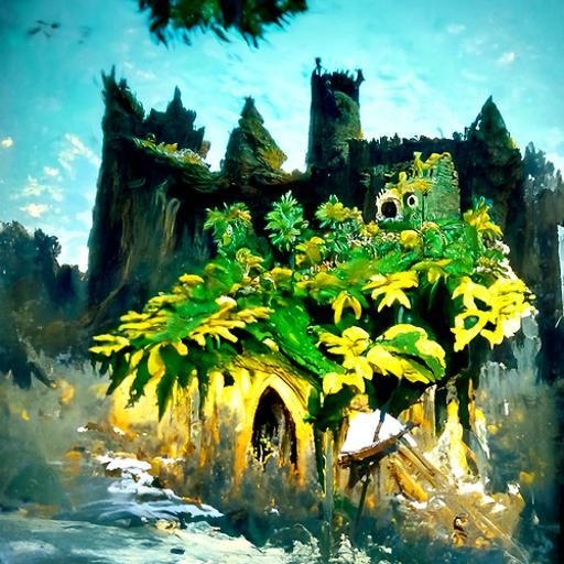 Overgrown Medieval Castle in Oil Painting Style