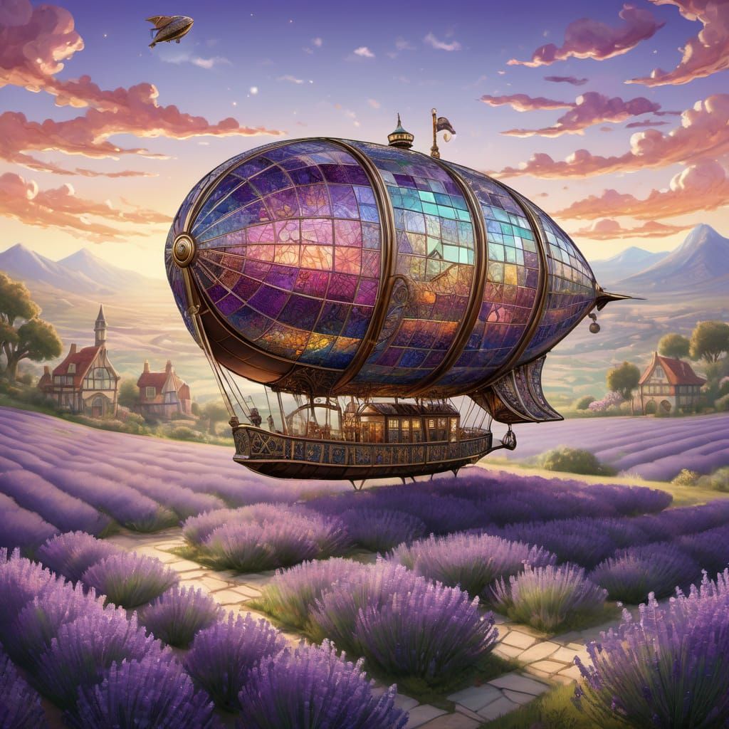 Stained Glass Airship Over Lavender Field