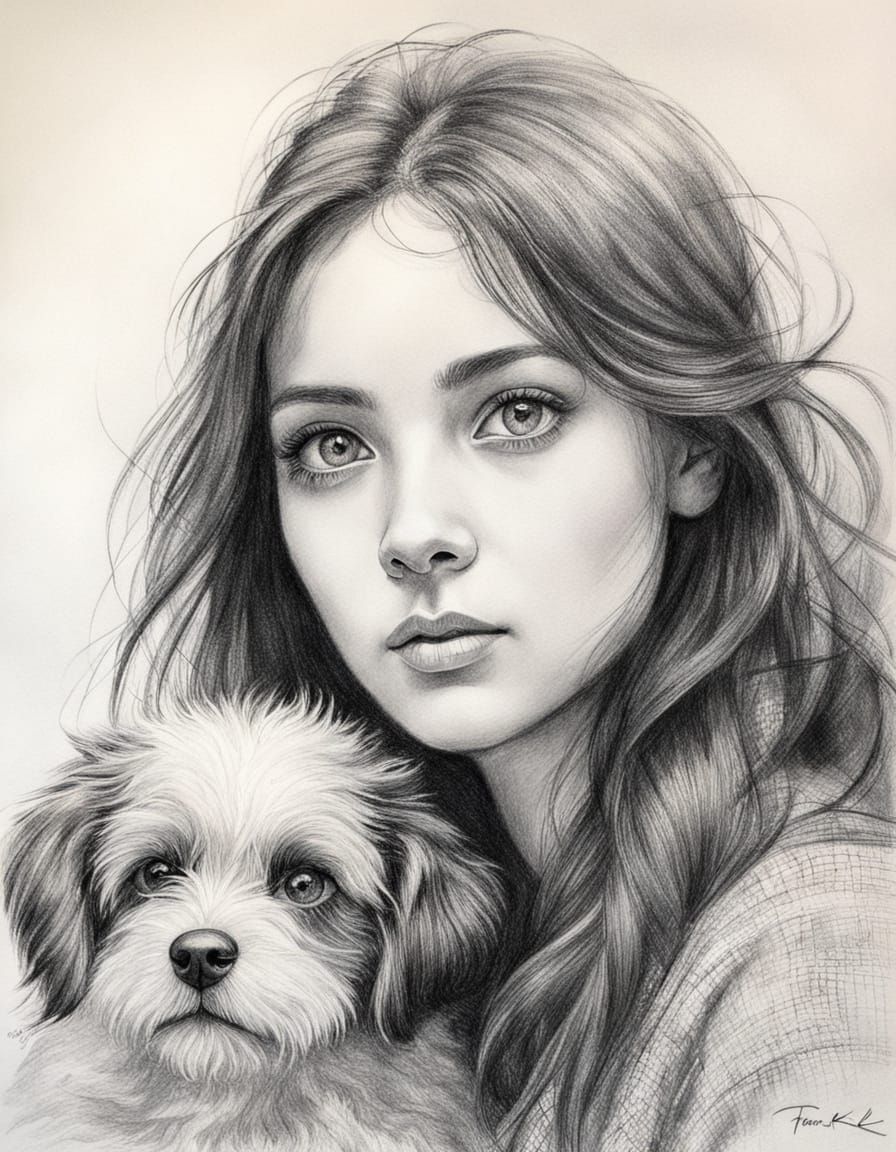 Girl Hugging Dog in Paper Applique Style