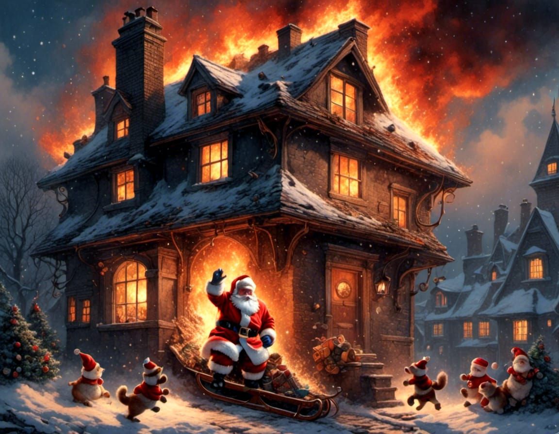 Santa's Fiery Exit: A Comic Book Action Scene