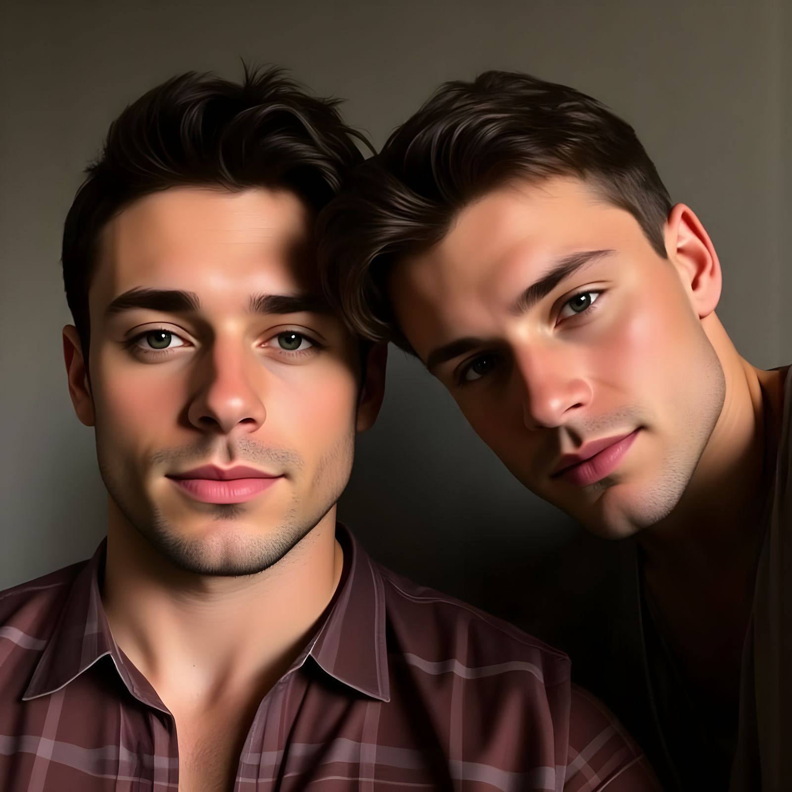 Two Handsome Men in Warm Lighting, Realistic Portrait