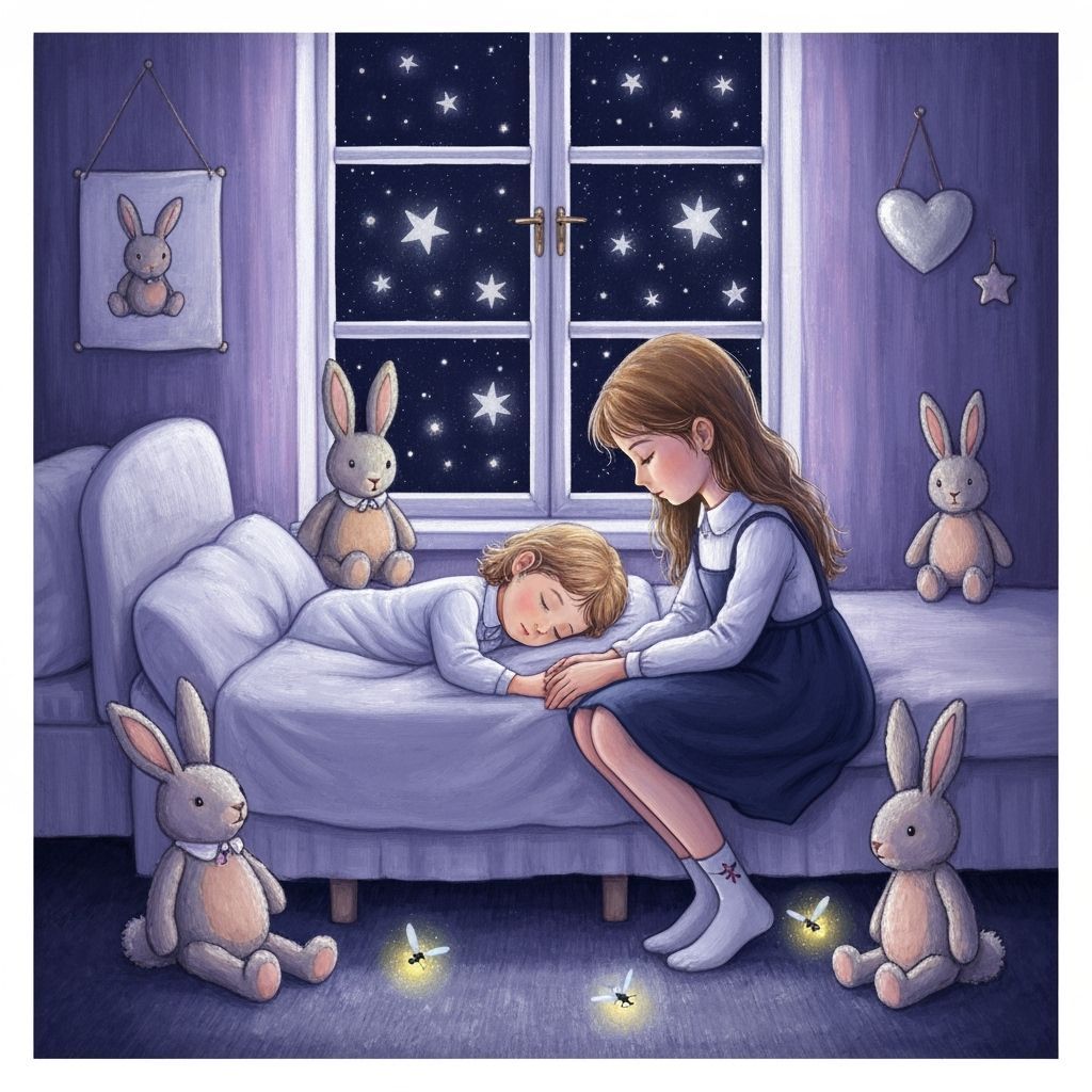 Sisterly Love: Whimsical Bedroom Scene with Fireflies
