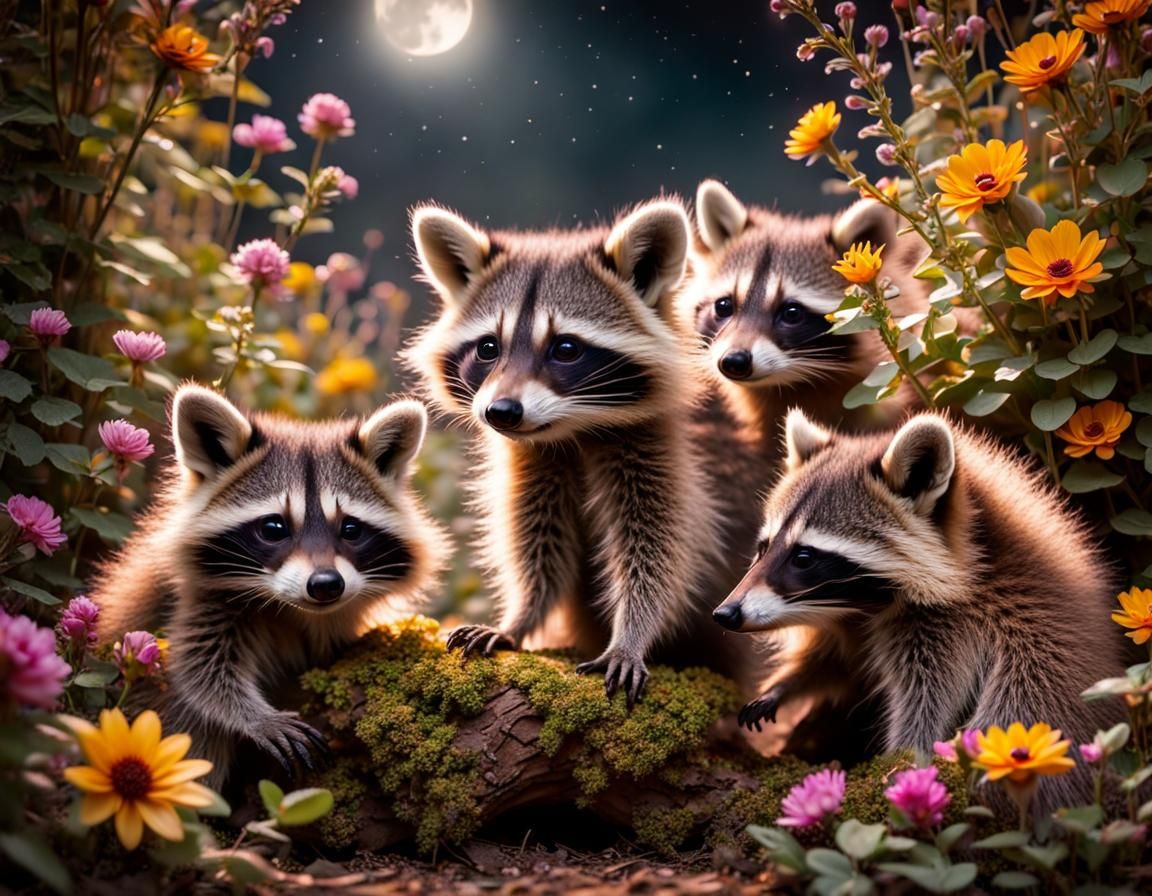 Raccoon Kits Play in Moonlit Flower Garden