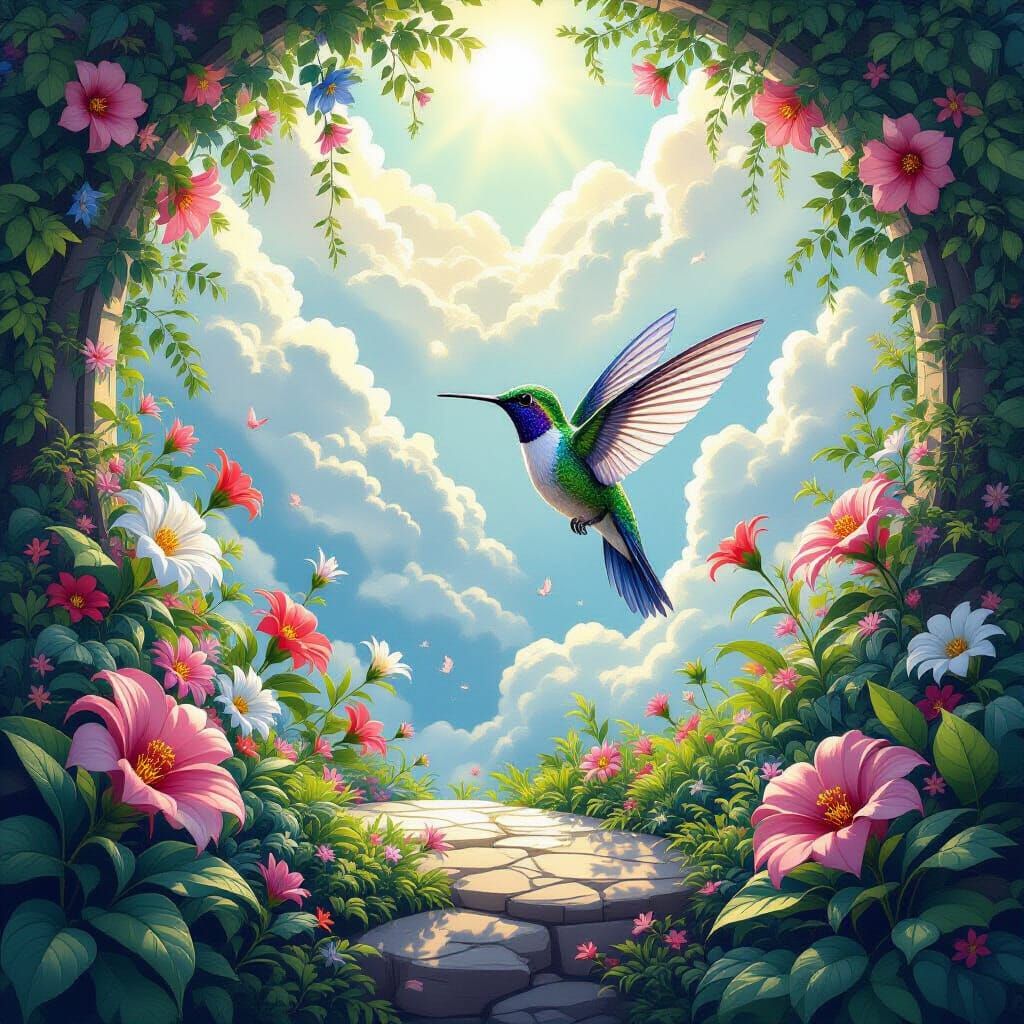 Floating Crystal Garden with Hummingbird, Digital Art