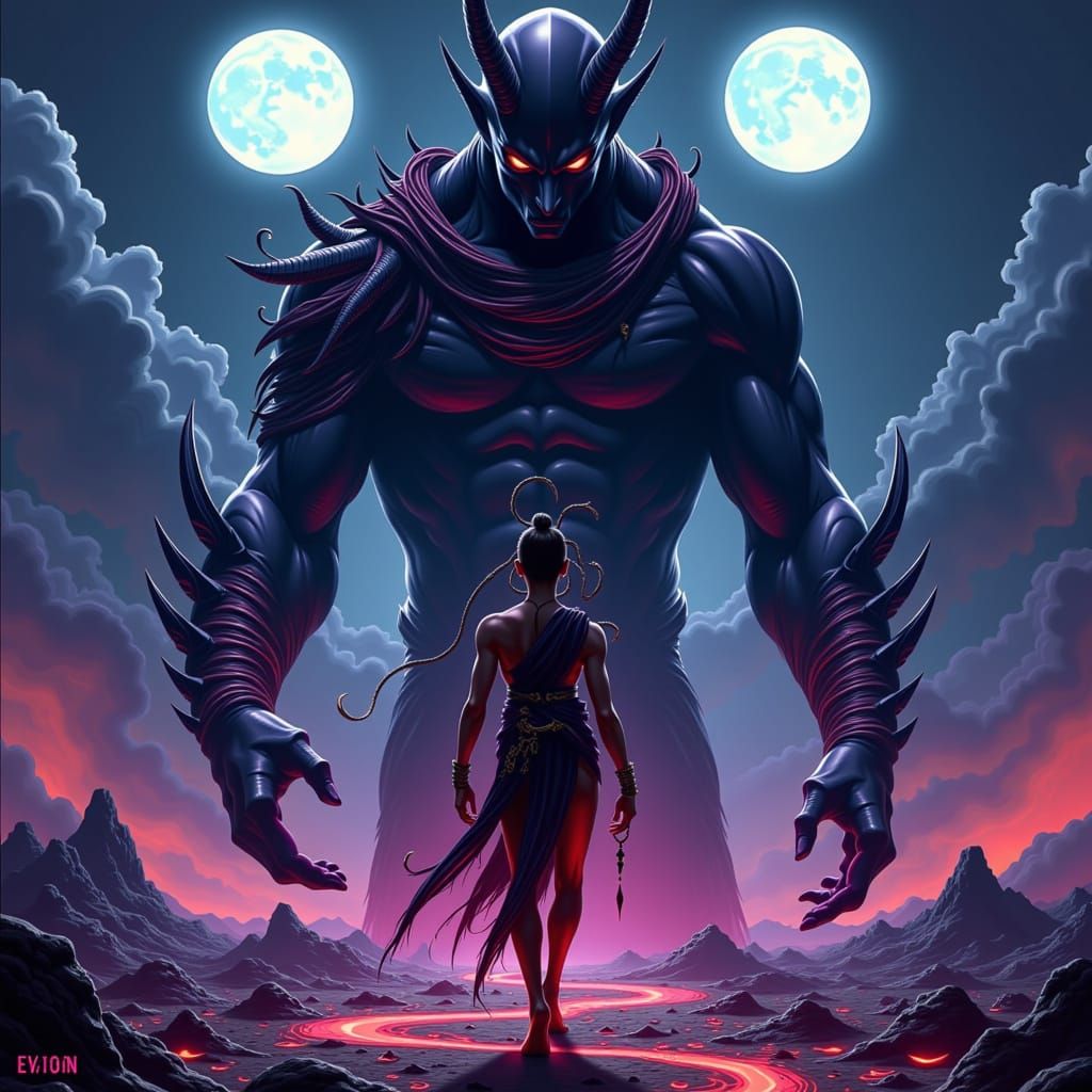 Androgynous Figure on Alien World with Shadow Guardian