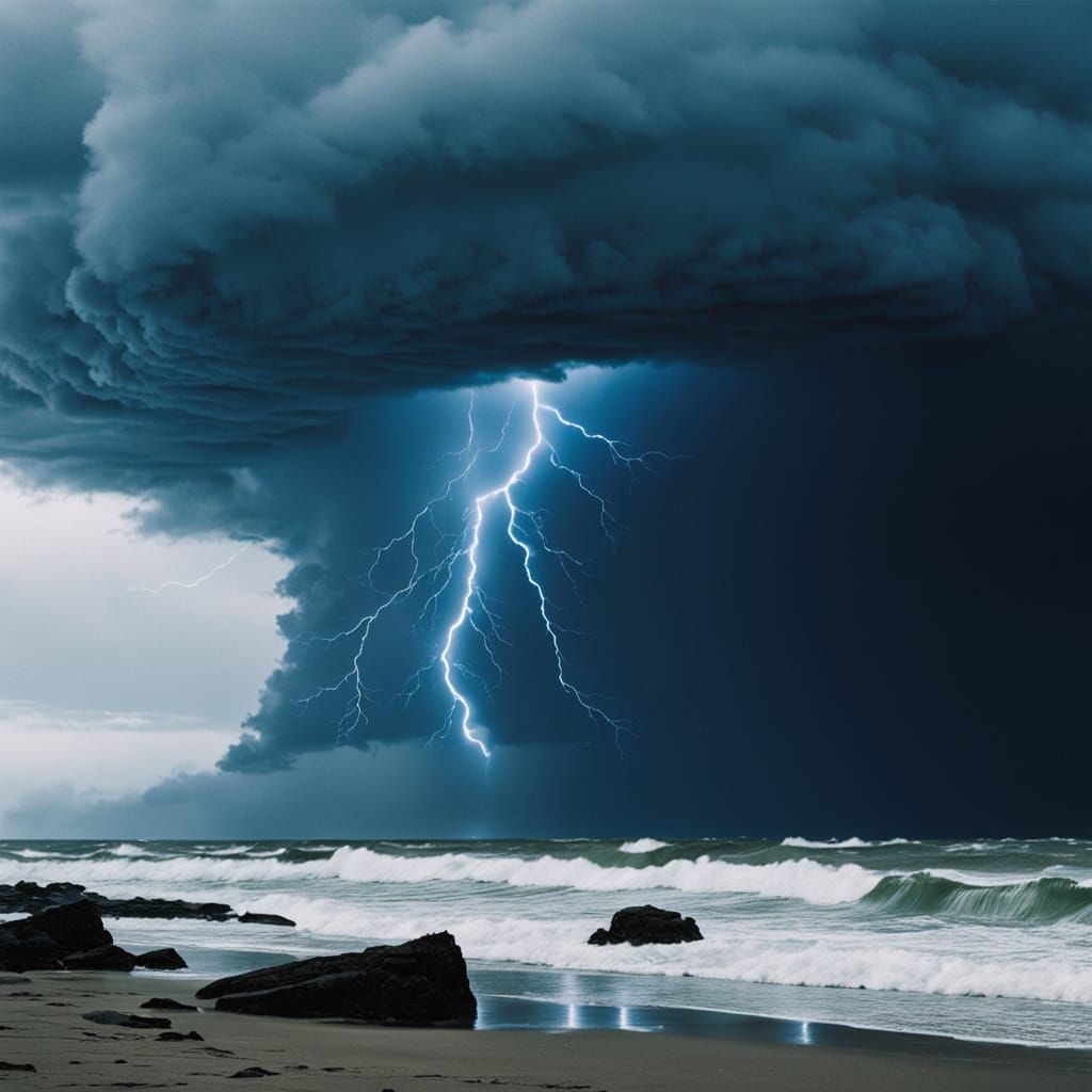 Dramatic Lightning Storm Over Dark Beach: Cinematic Film Sti...