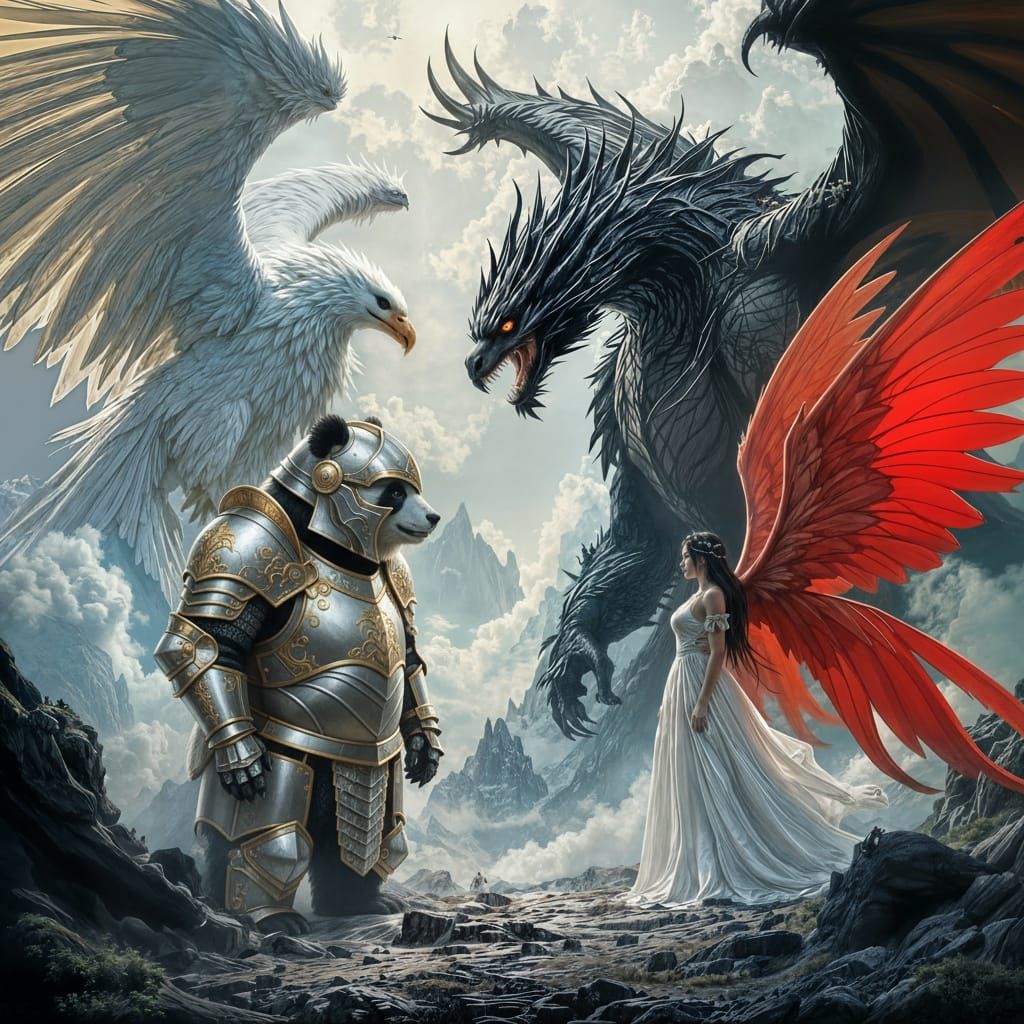Giant Mountain Panda, Eagle, Fairy, and Dragon Clash