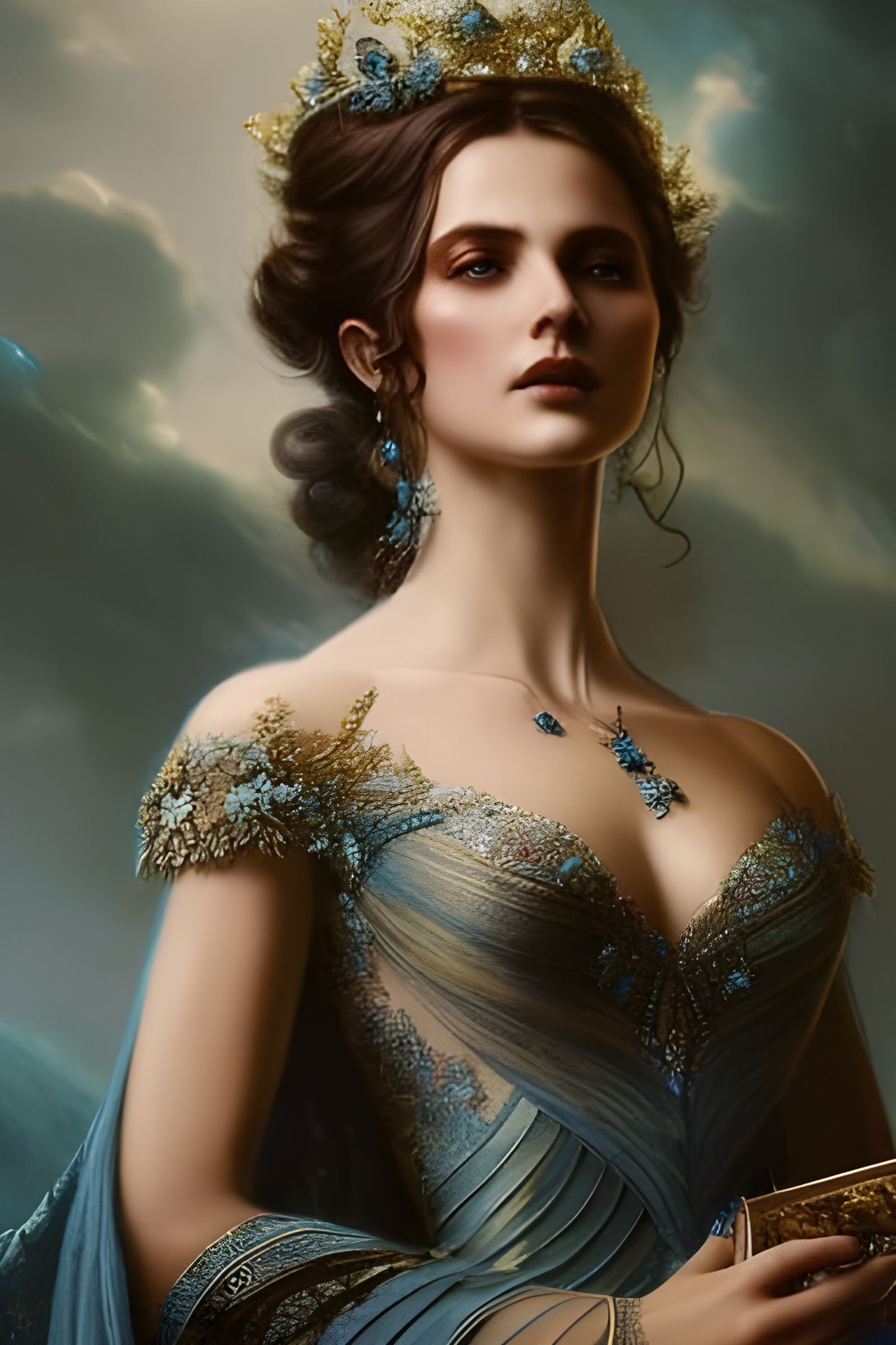 Fairy Queen in Blue Lace Gown, Digital Masterpiece