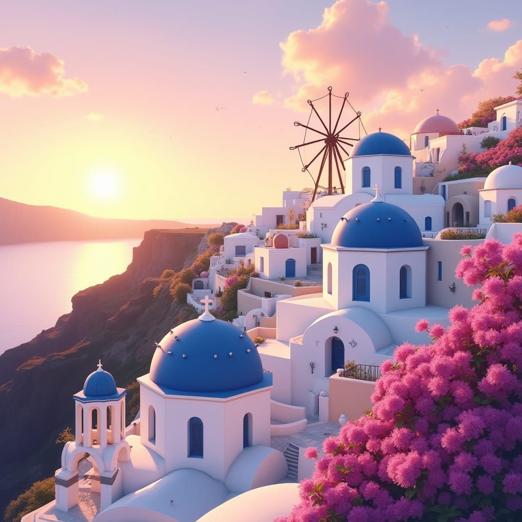Santorini Sunset: Anime-Style Oia Village View