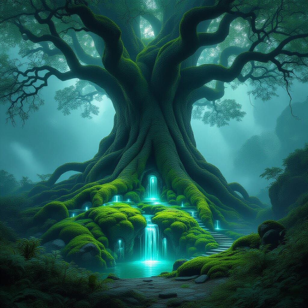 Bioluminescent Moss Garden in Ancient Tree Cavern