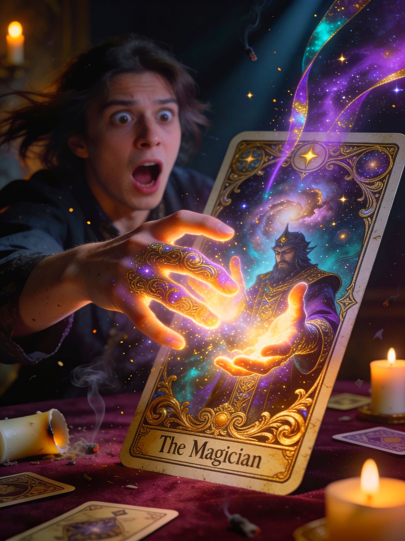 Sorcerer Emerges From Tarot Card, Unleashing Cosmic Magic