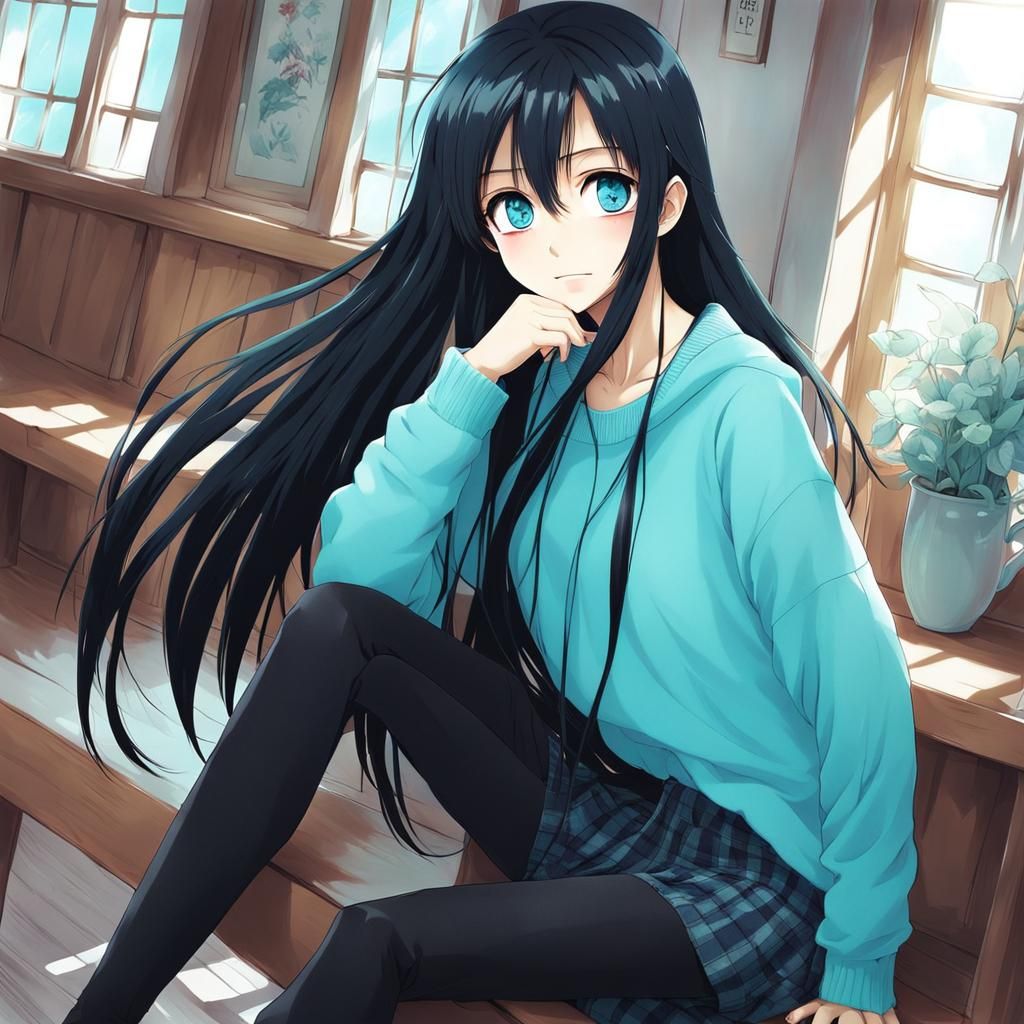Slender Girl with Black Hair in Anime Style