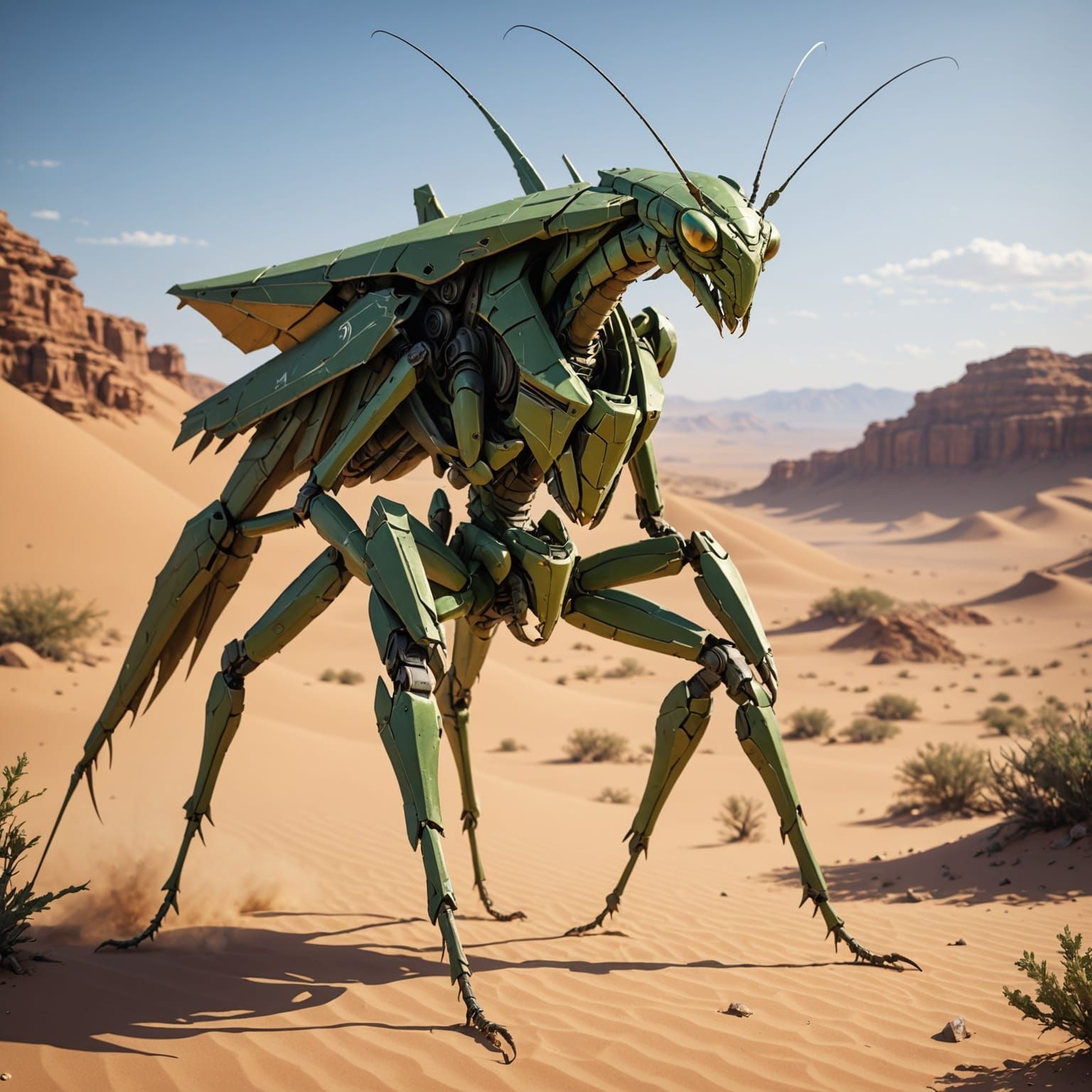 A military mantis in a desert.