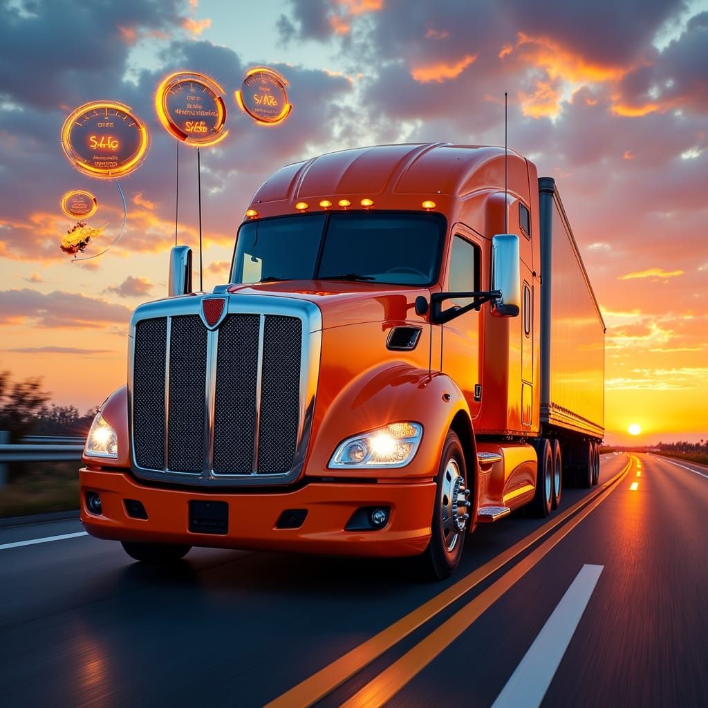 Vibrant Orange Highway Scene with Speeding Truck and Digital...