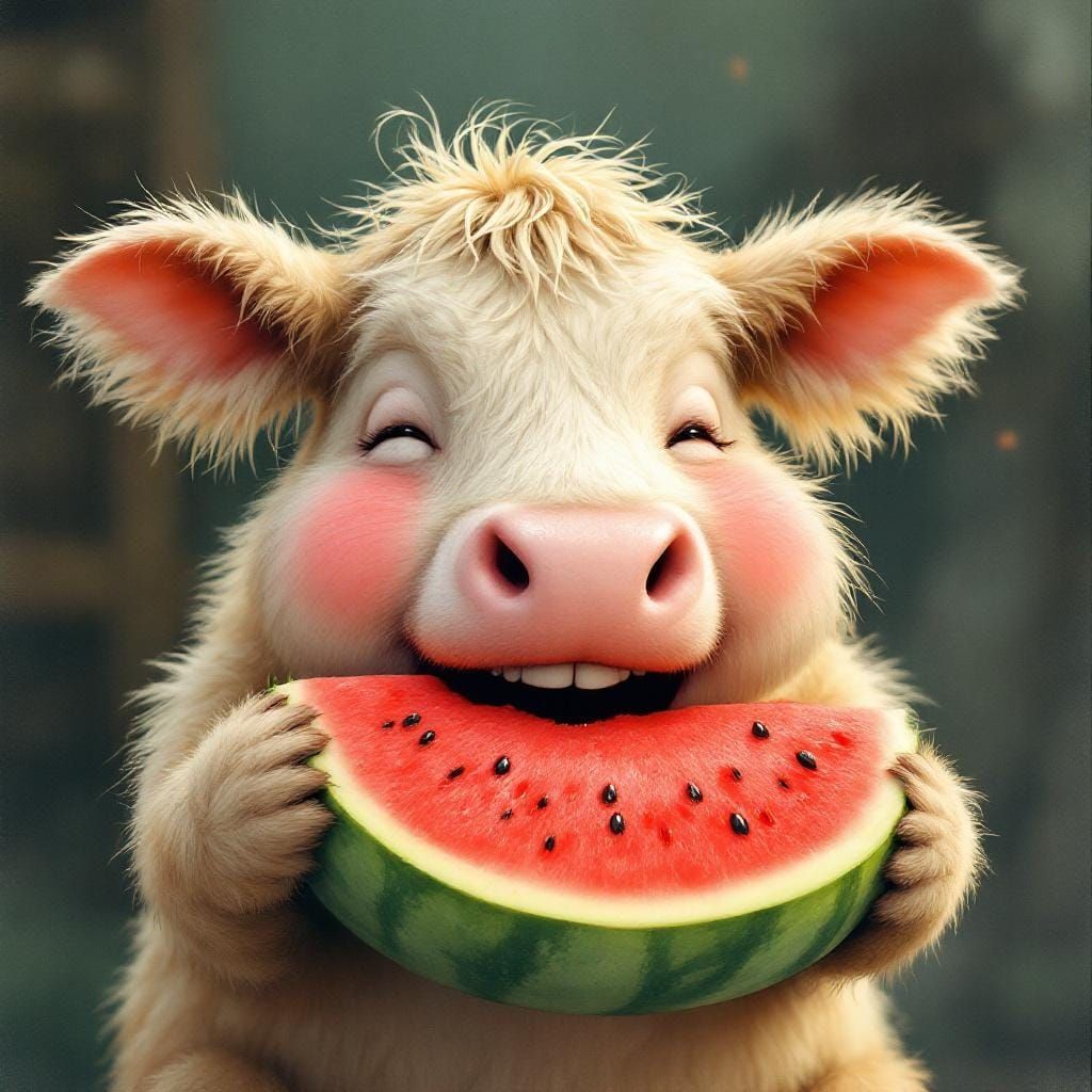 Whimsical Calf with Watermelon in Watercolor Style