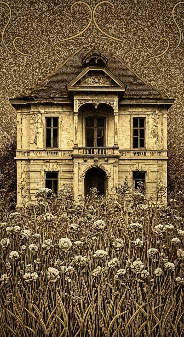 Overgrown Mansion: A Maximalist Ink Drawing