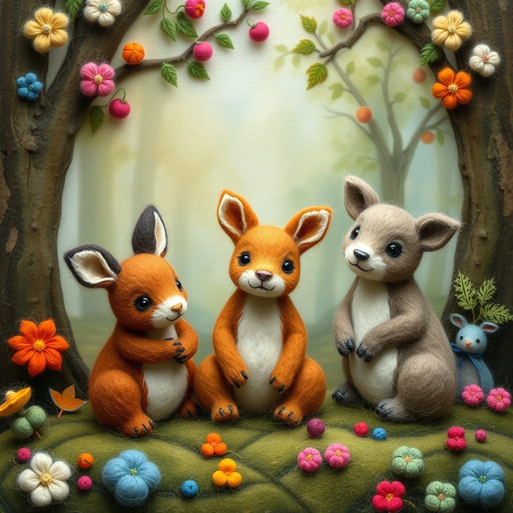 Whimsical Felted Animals in Watercolor Forest Setting