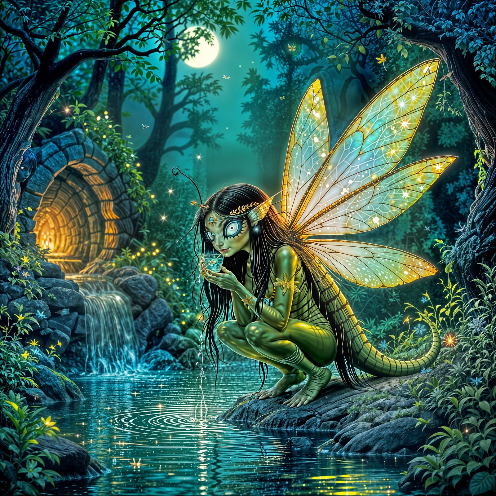 Enchanted Forest Grotto With Dragonfly-Headed Creature