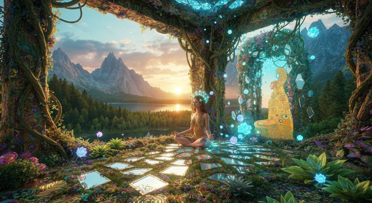 Mystical Woman Meditating in Labyrinth of Light