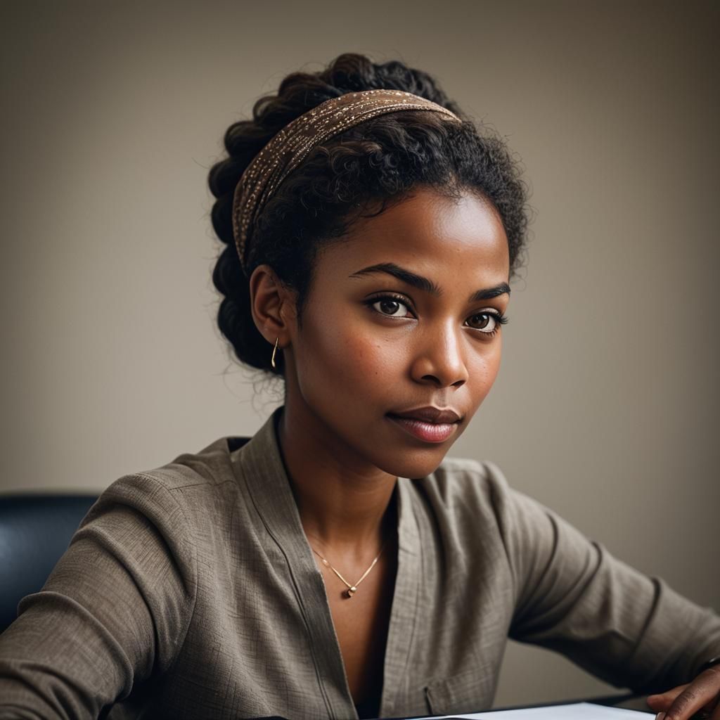 High-Contrast Portrait of Woman at Desk