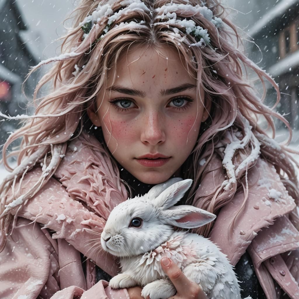 Icy Woman with Bunny in Winter Storm
