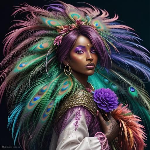 Rainbow Woman with Peacock Feather Hair, Digital Art