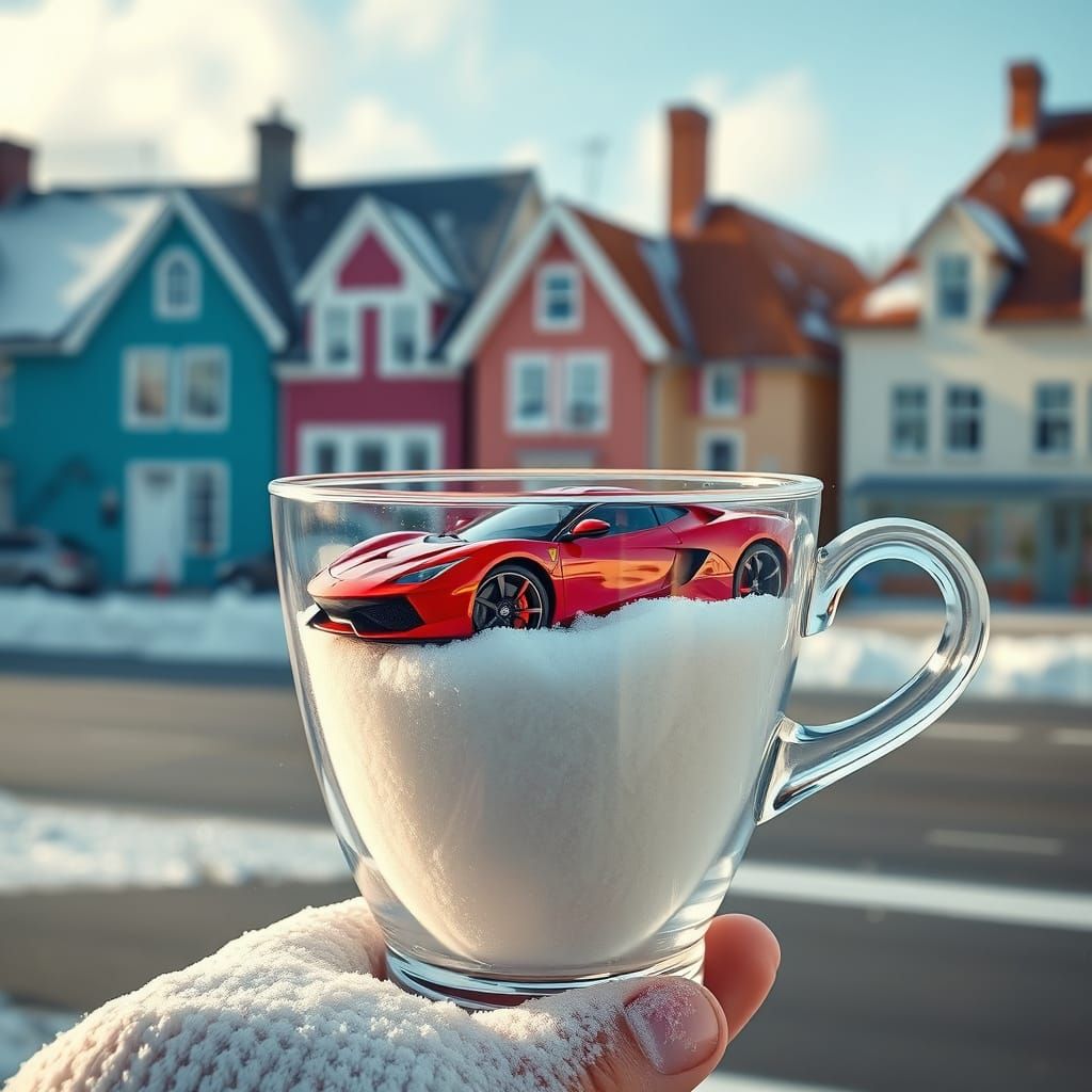 Glass Cup with Snow and Sports Car, Dreamy Digital Art
