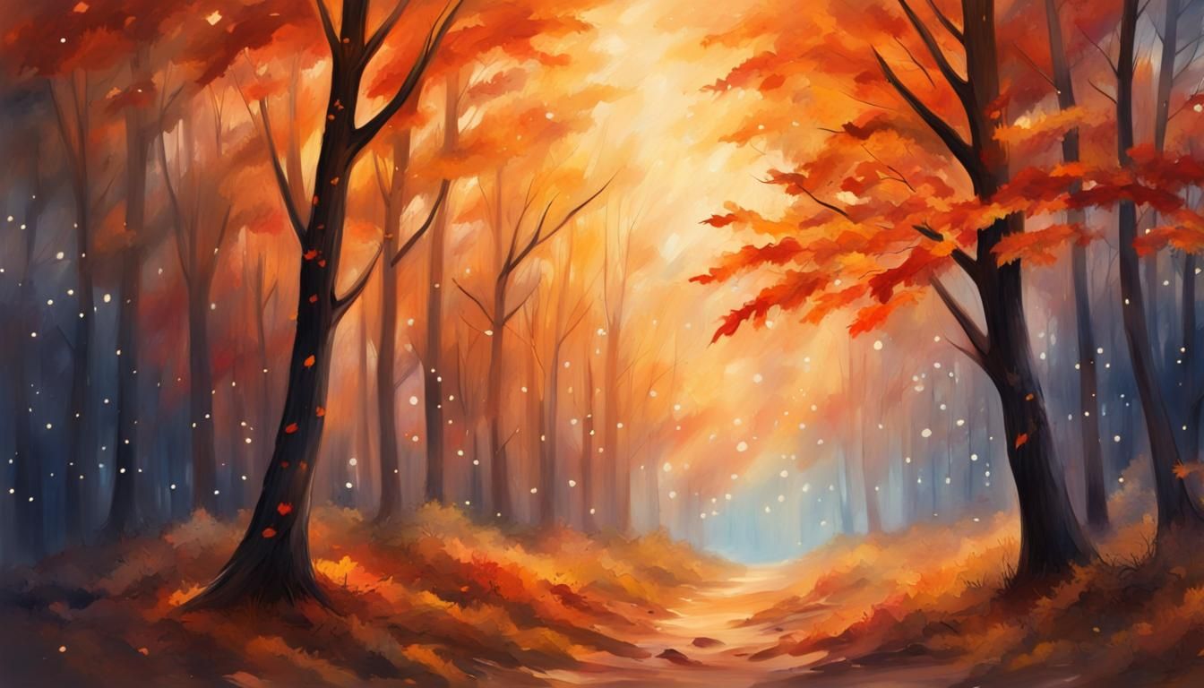 Beautiful Autumn Forest Painting with Starry Sky