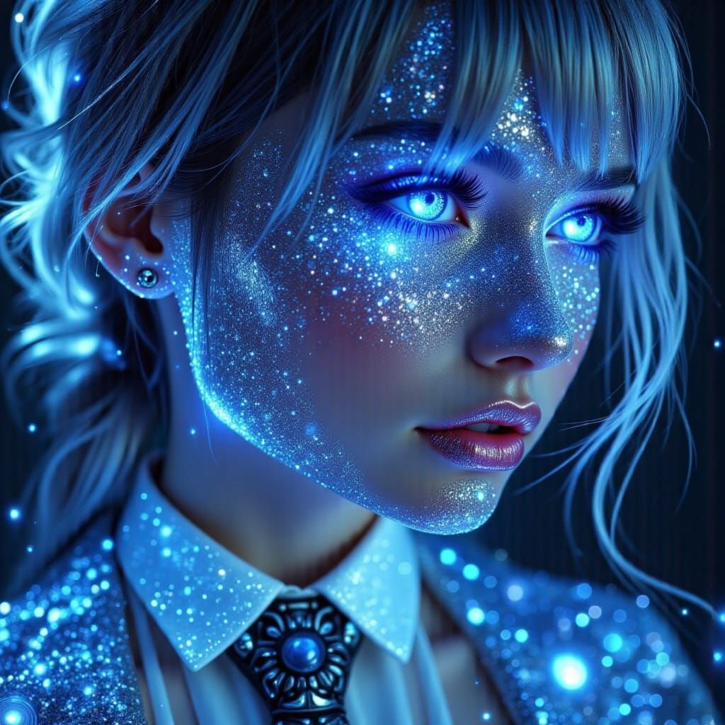 Cosmic Woman in Iridescent Tuxedo with Glowing Eyes