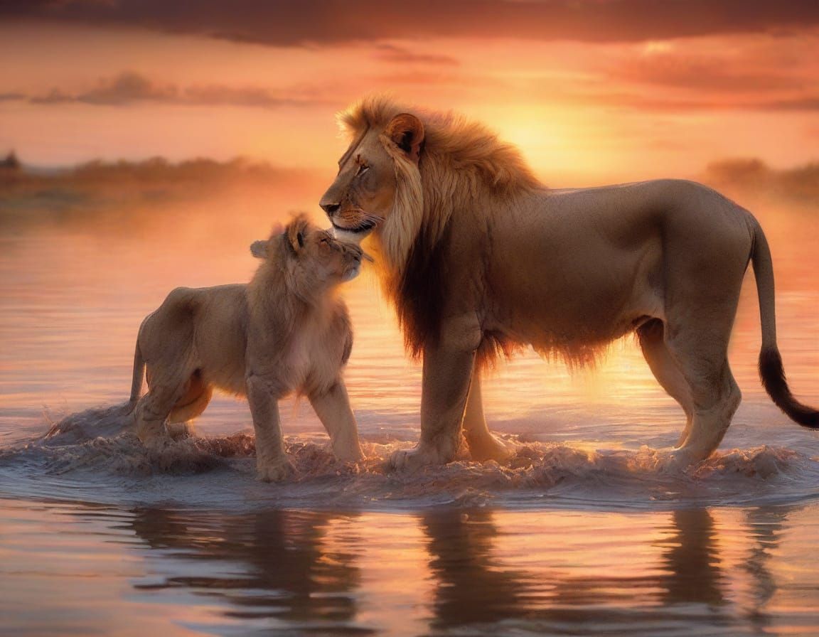 Momma Lion Teaches Her Little One amidst Vibrant Sunset Sple...