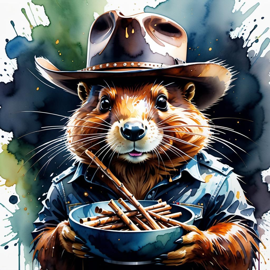 Kawaii Cowboy Beaver's Watercolor Feast