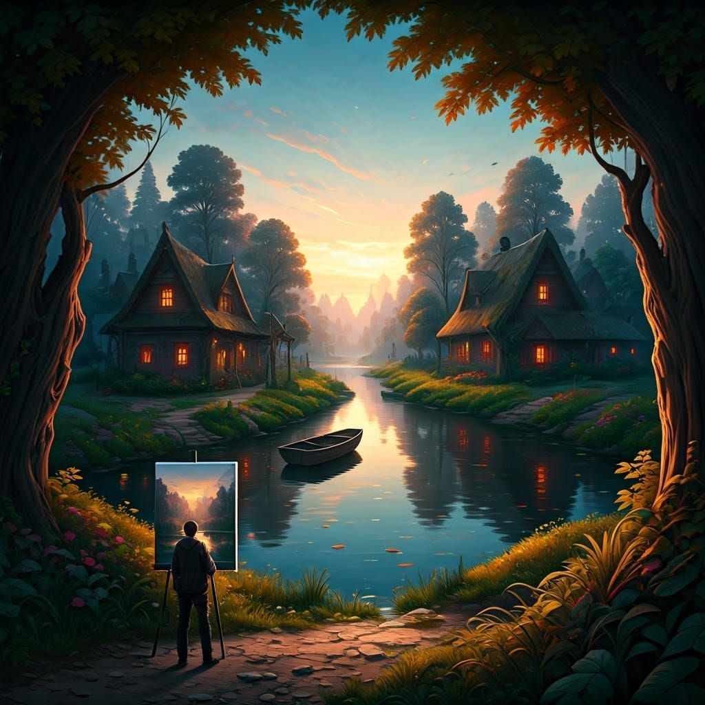 Painter Captures Ancient Townscape with Sunset Glow