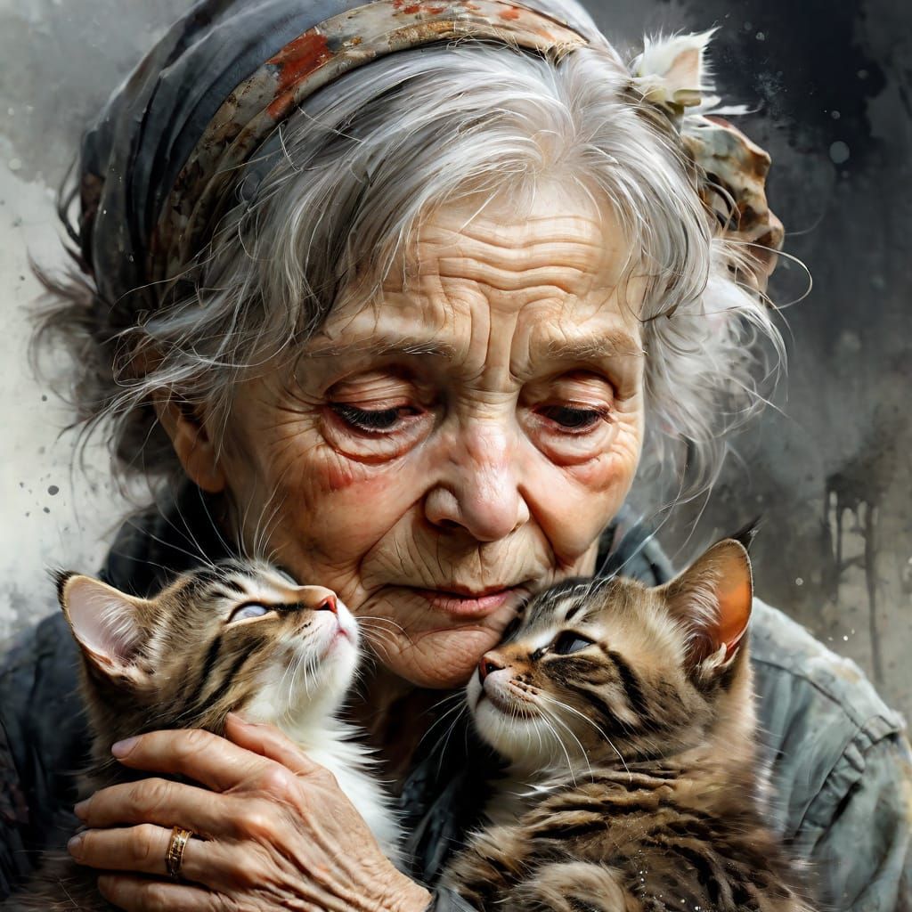Warm Watercolor Portrait of an Old Woman with Her Kittens