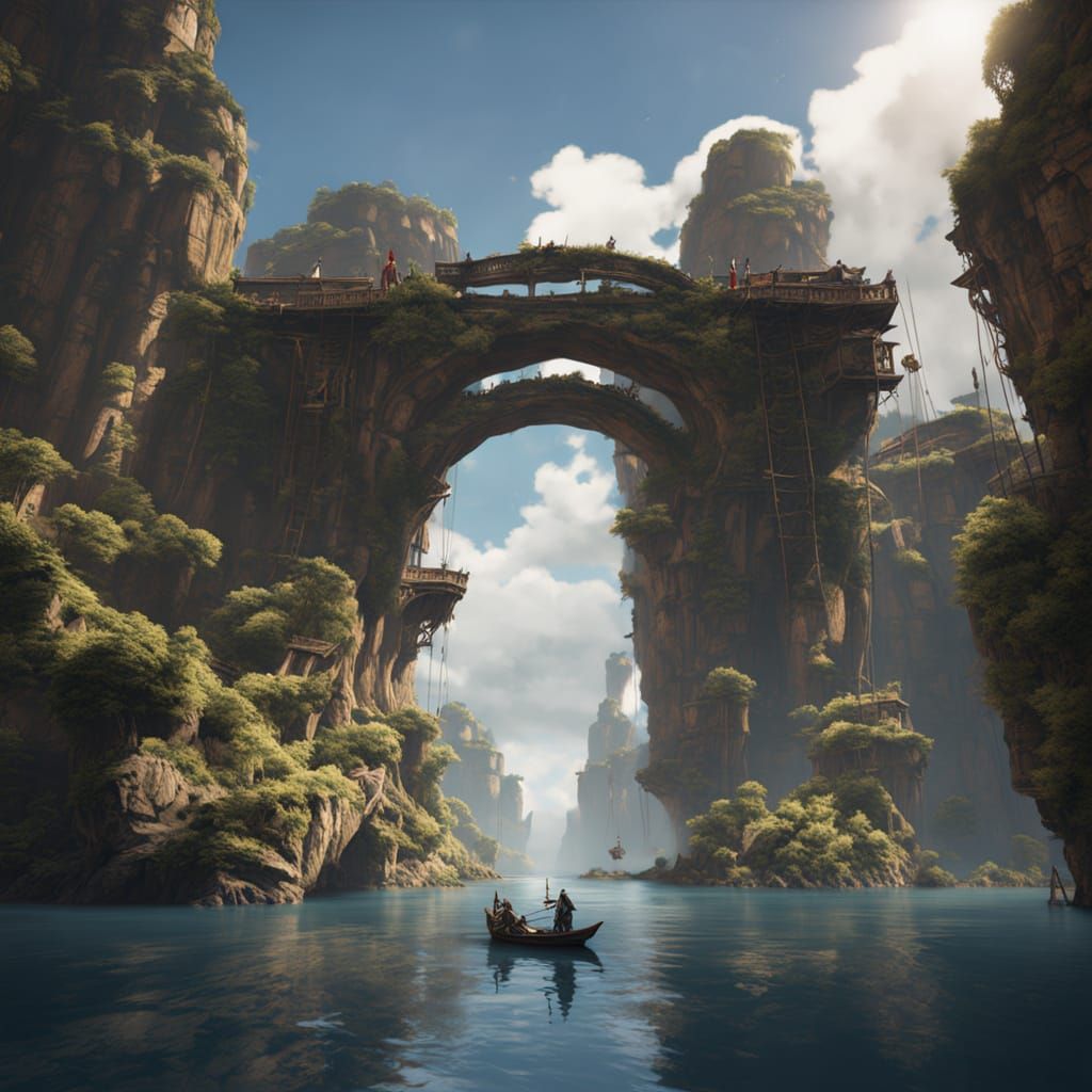 Fantastical Rope Bridge Connects Two Sky Islands in a Detail...