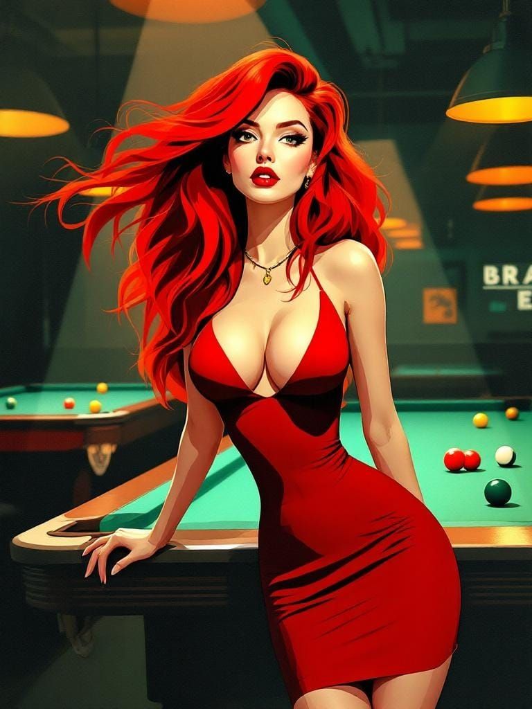 Stylish Woman in Pool Hall, Mid-Century Modern Art