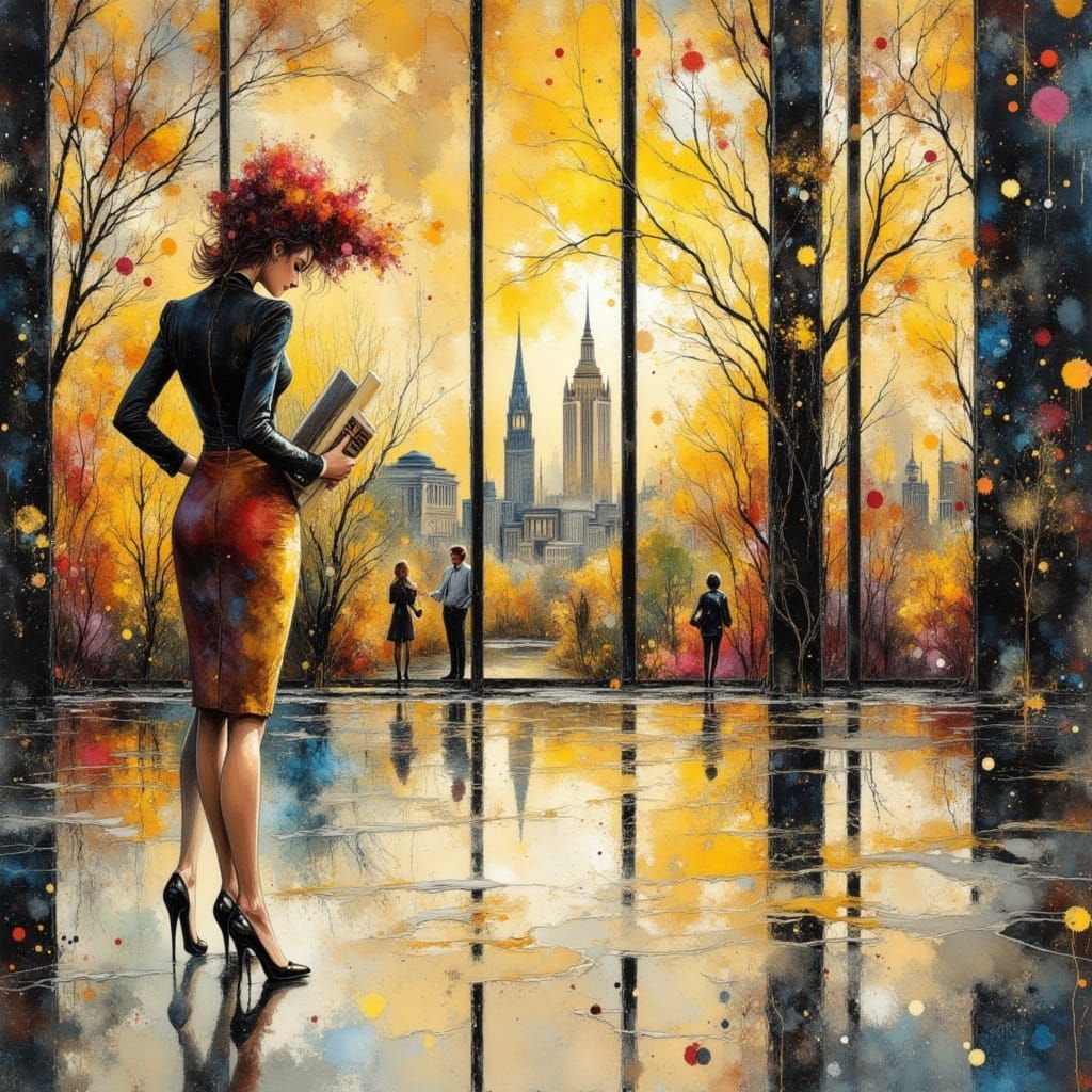 Businesswoman in Cityscape: Mixed Media Illustration