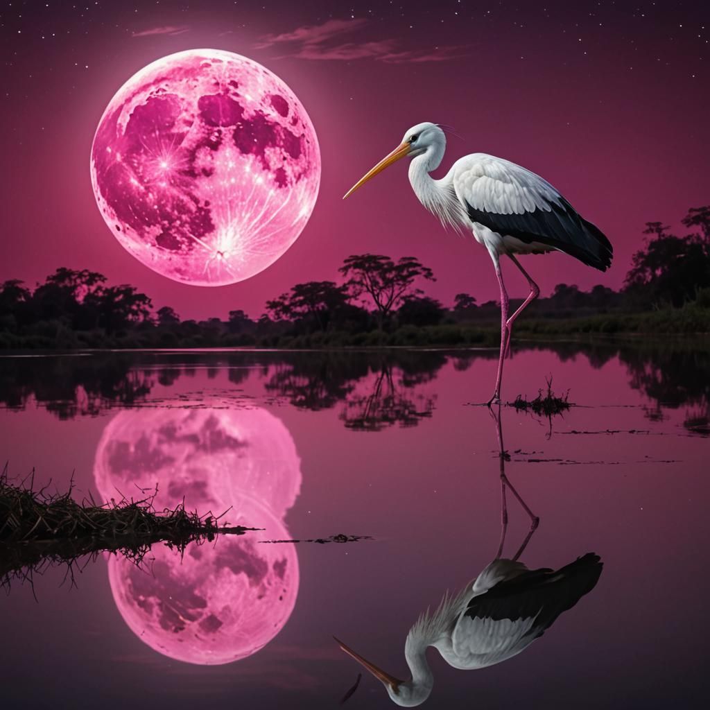 Solitary Stork Under Magenta Moon