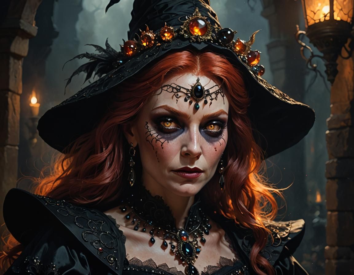 Red-Haired Witch Casting Spell on Halloween Night