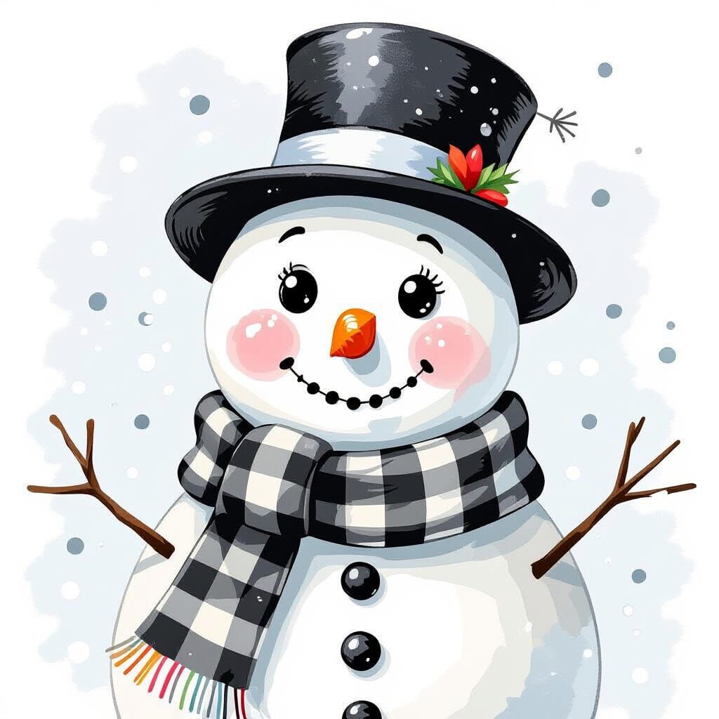 Smiling Snowman in Watercolor Clipart Style