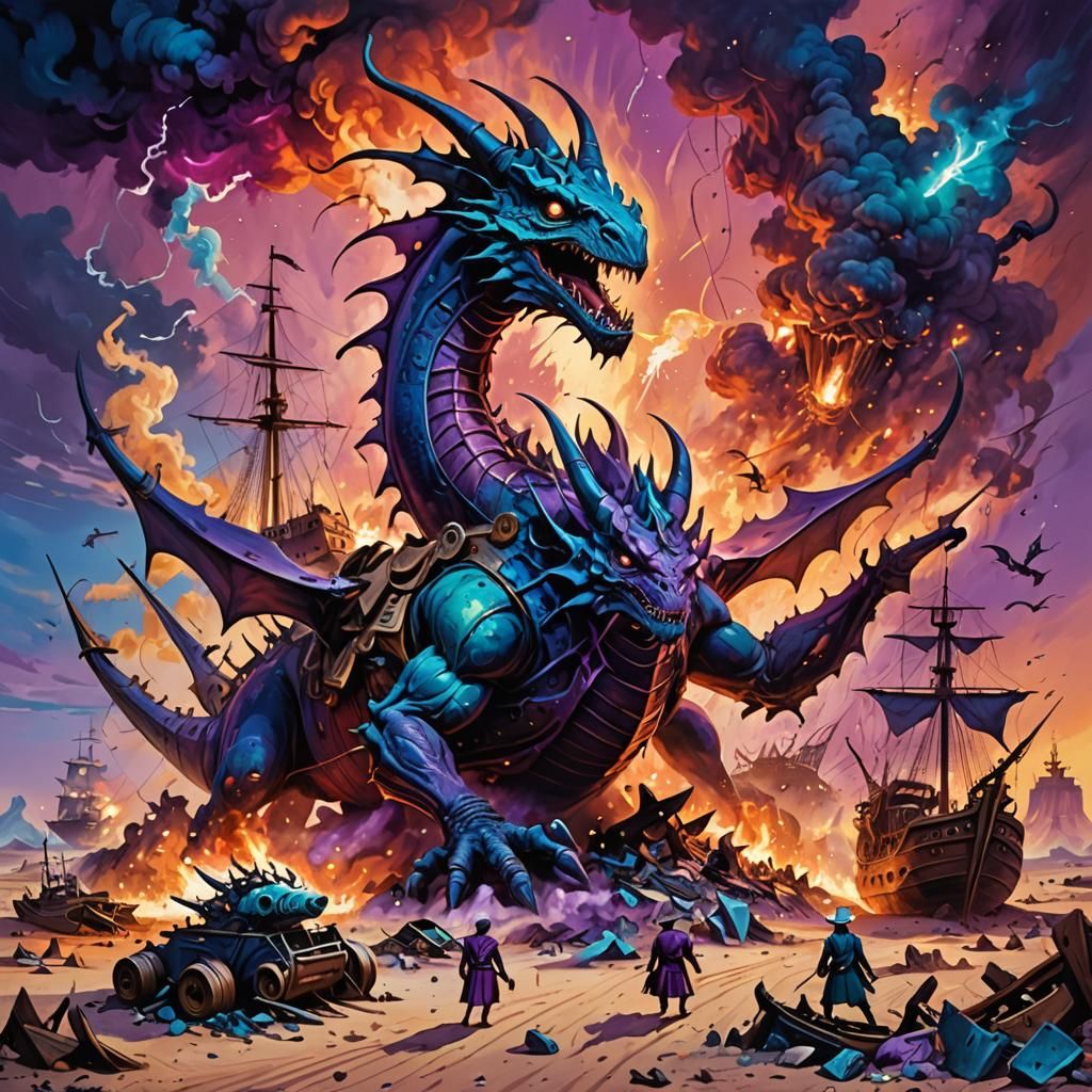 Alien vs Dragon in Surreal Desert Landscape