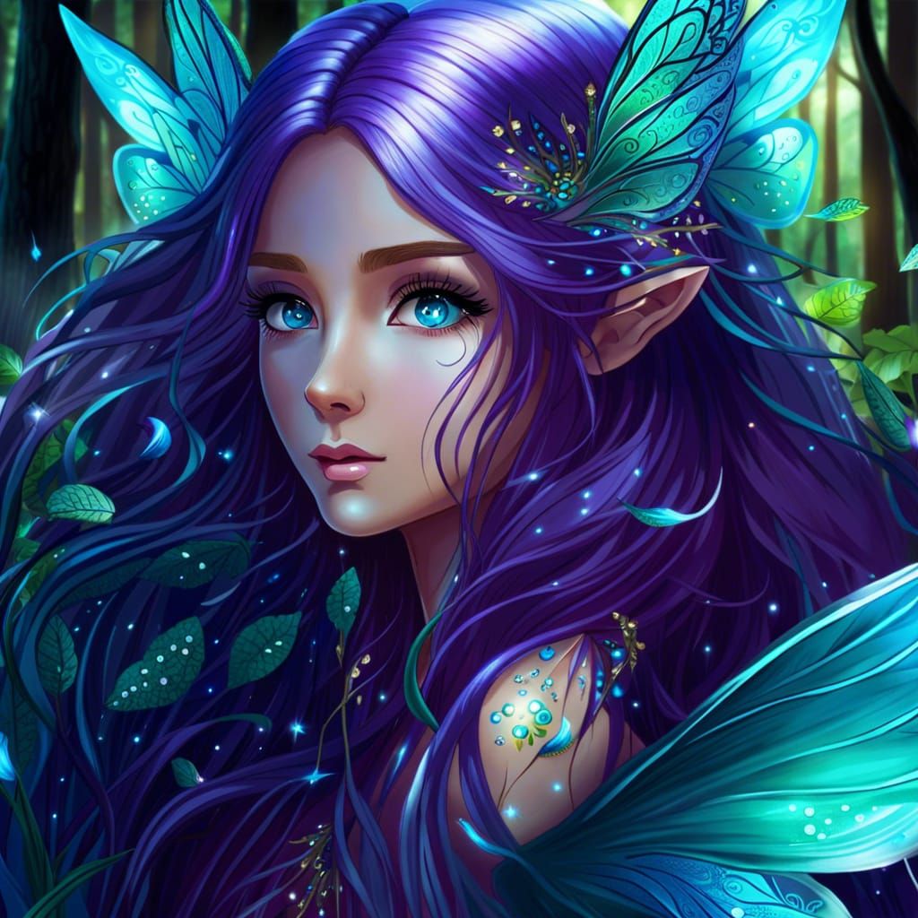 Beautiful Fairy Woman, long Purple Hair, Teal Eyes, Transparent Fairy Wings Glittering, Forest, by artist "MAPPA", Anime...