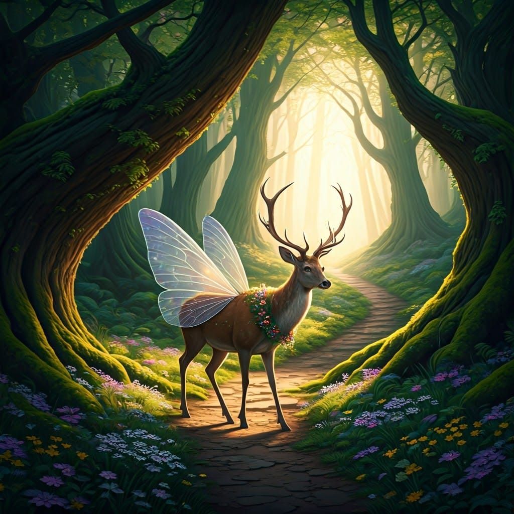 Deer with Fairy Wings in Enchanted Forest