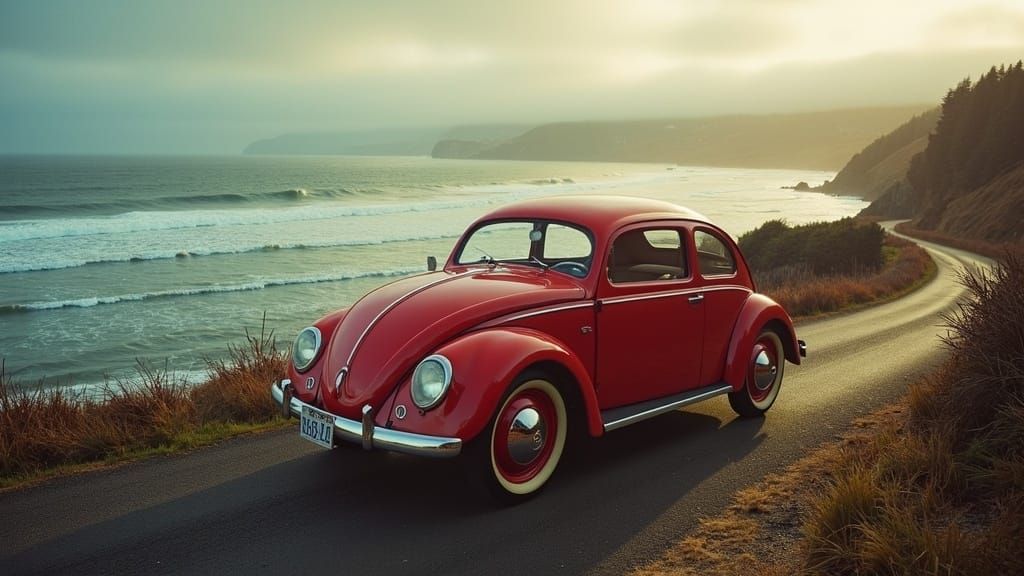 Red Beetle on Oregon Coast: Cinematic Film Still
