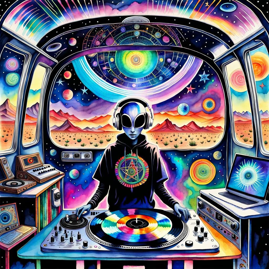 Alien DJ in Desert Airstream: Watercolor Cosmic Art