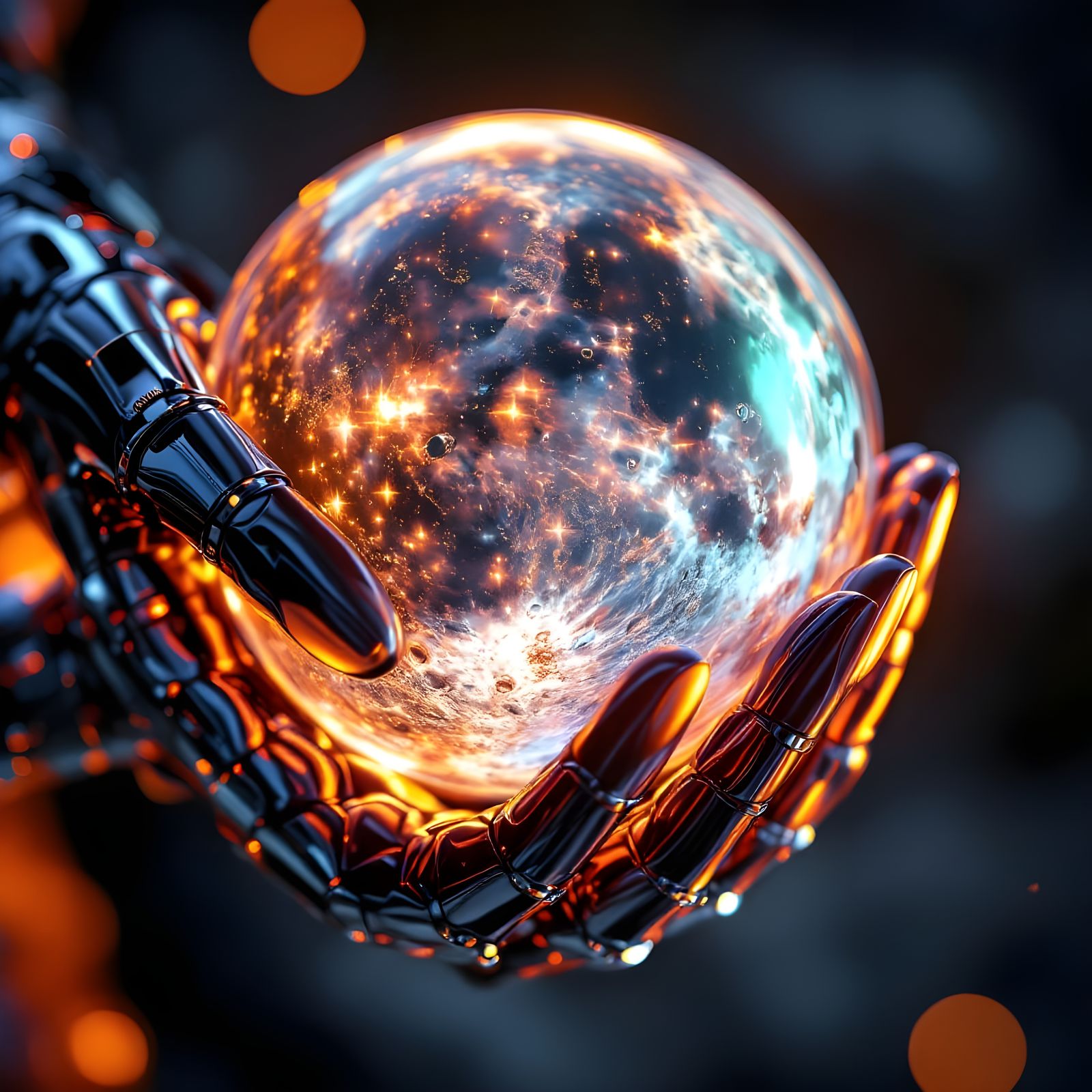 Chrome Android Hand Cradles Glowing Chrome Moon