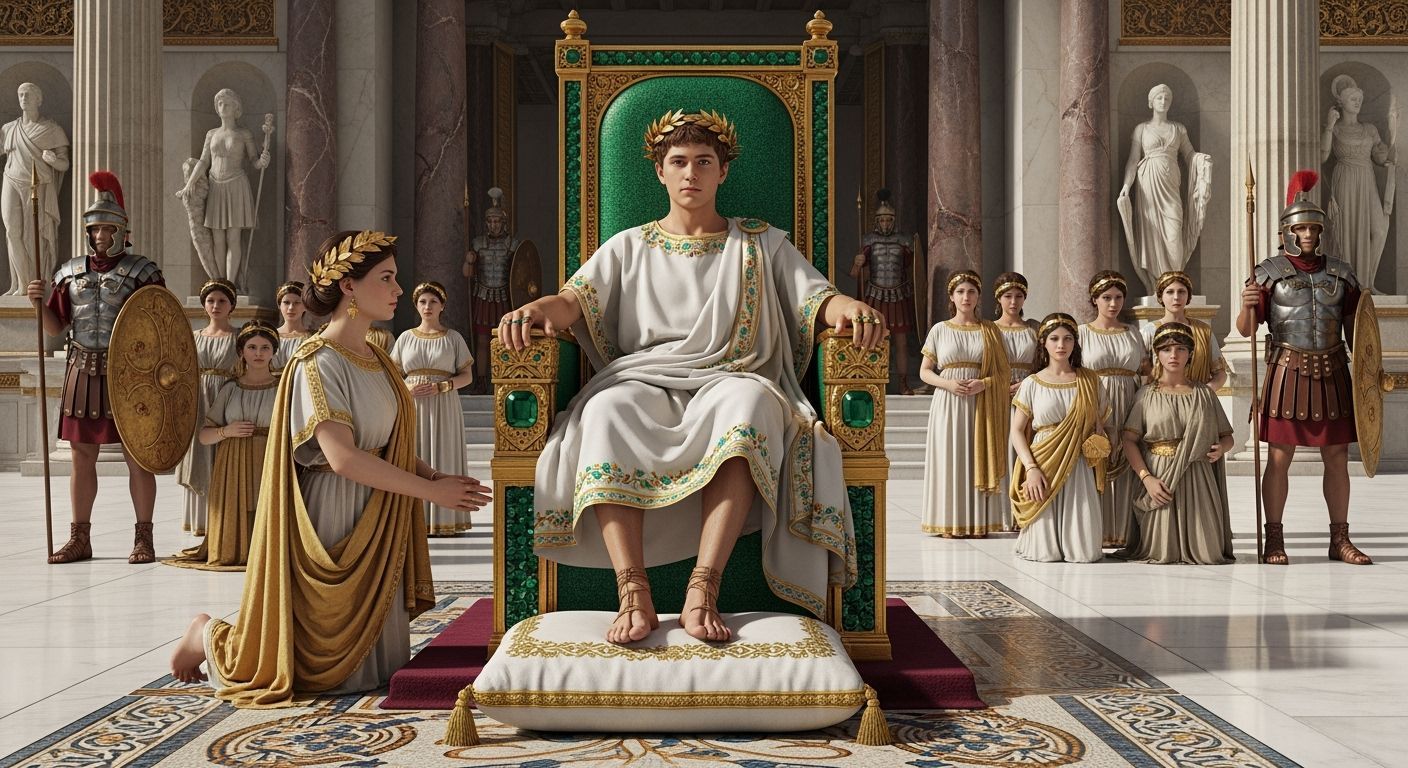 Emperor Nero on Emerald Throne, Photorealistic 8K