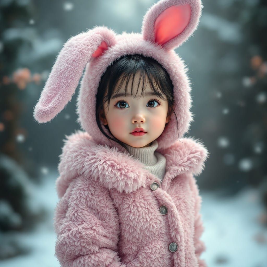 Cute Korean Toddler in Furry Pink Bunny Coat