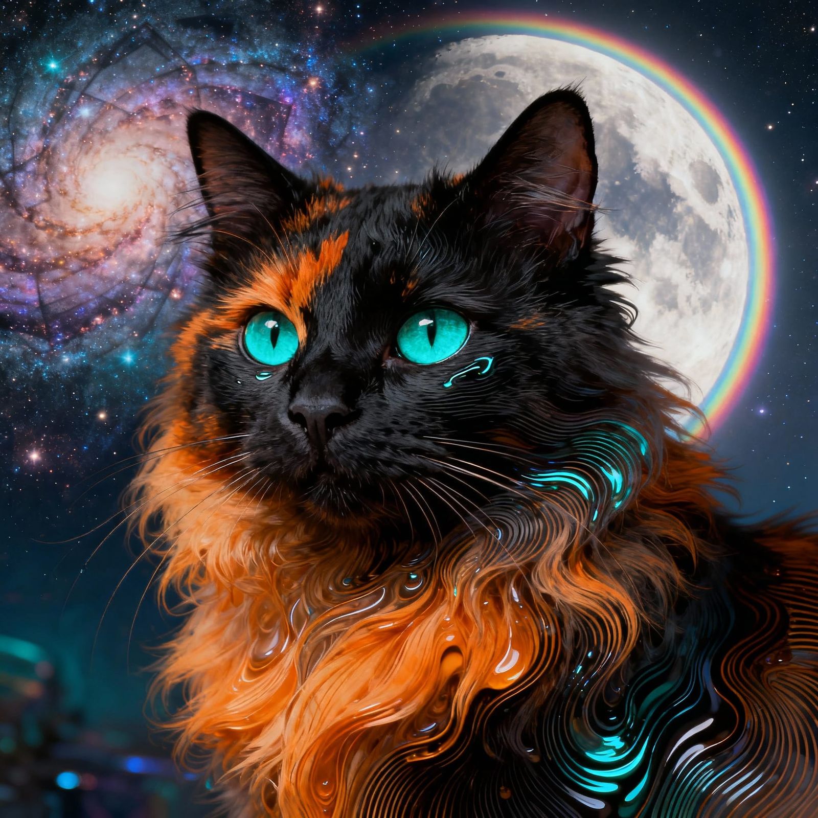 Cat Nebula Moonbow with Turquoise Eyes in Ferrofluidic Style