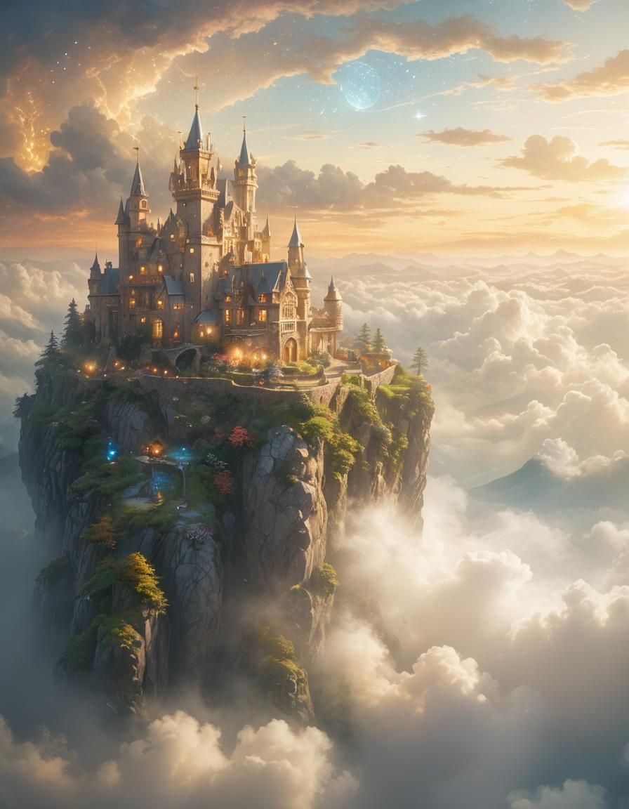 Holographic Astral City in Clouds, Ethereal Illustration