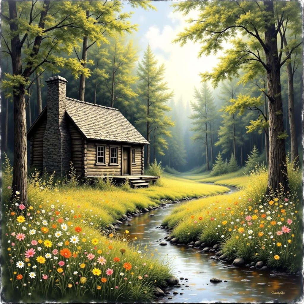 Peaceful Forest Clearing with Log Cabin and Wildflowers